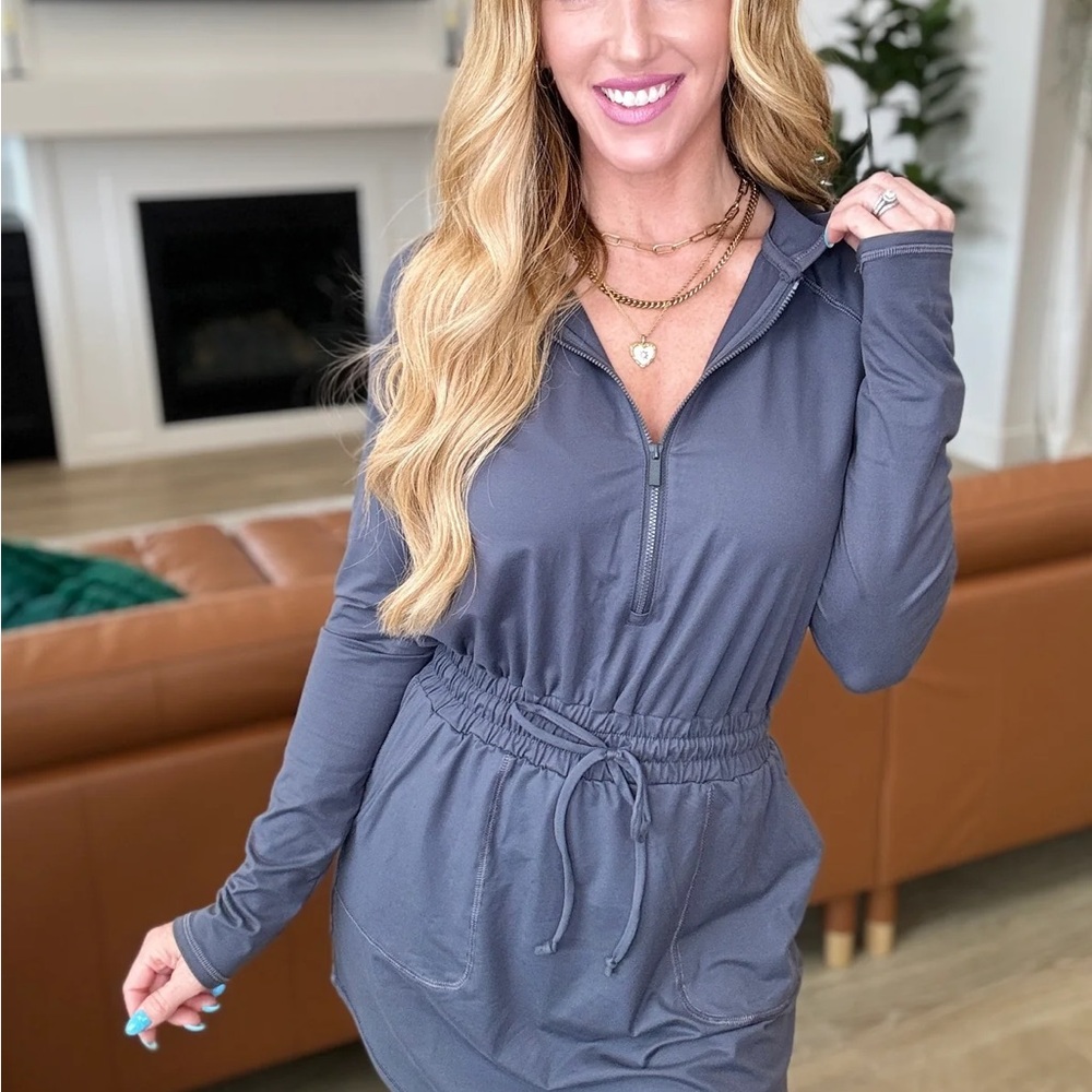 New Getting Out Long Sleeve Hoodie Romper in Charcoal